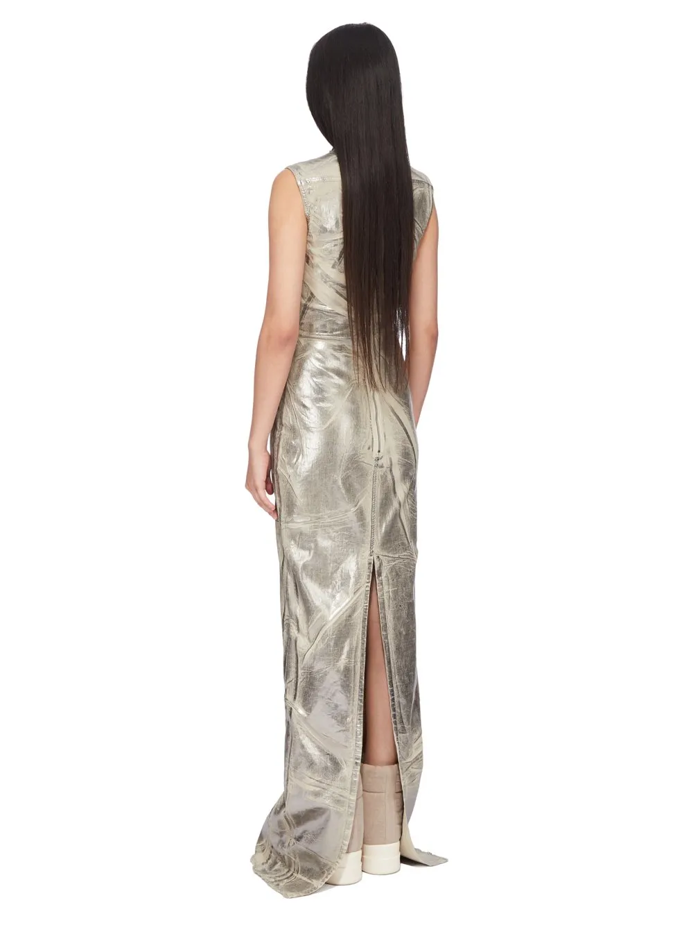 Drkshdw Concordians Column Dress In Palladium Foil Stretch Denim