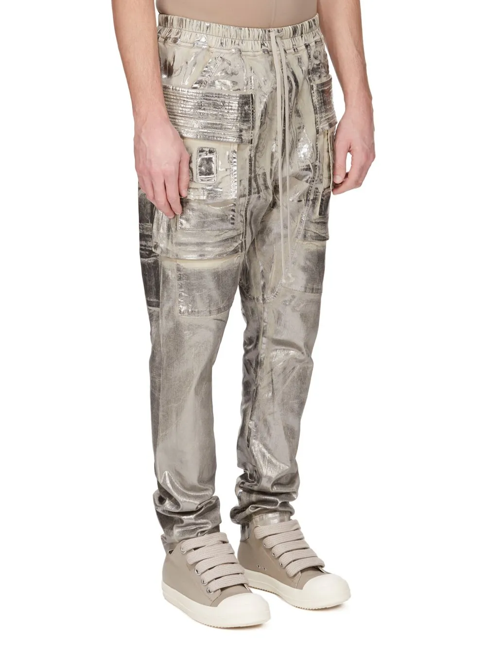 Drkshdw Concordians Creatch Cargo Drawstring In Palladium Foil Stretch Denim