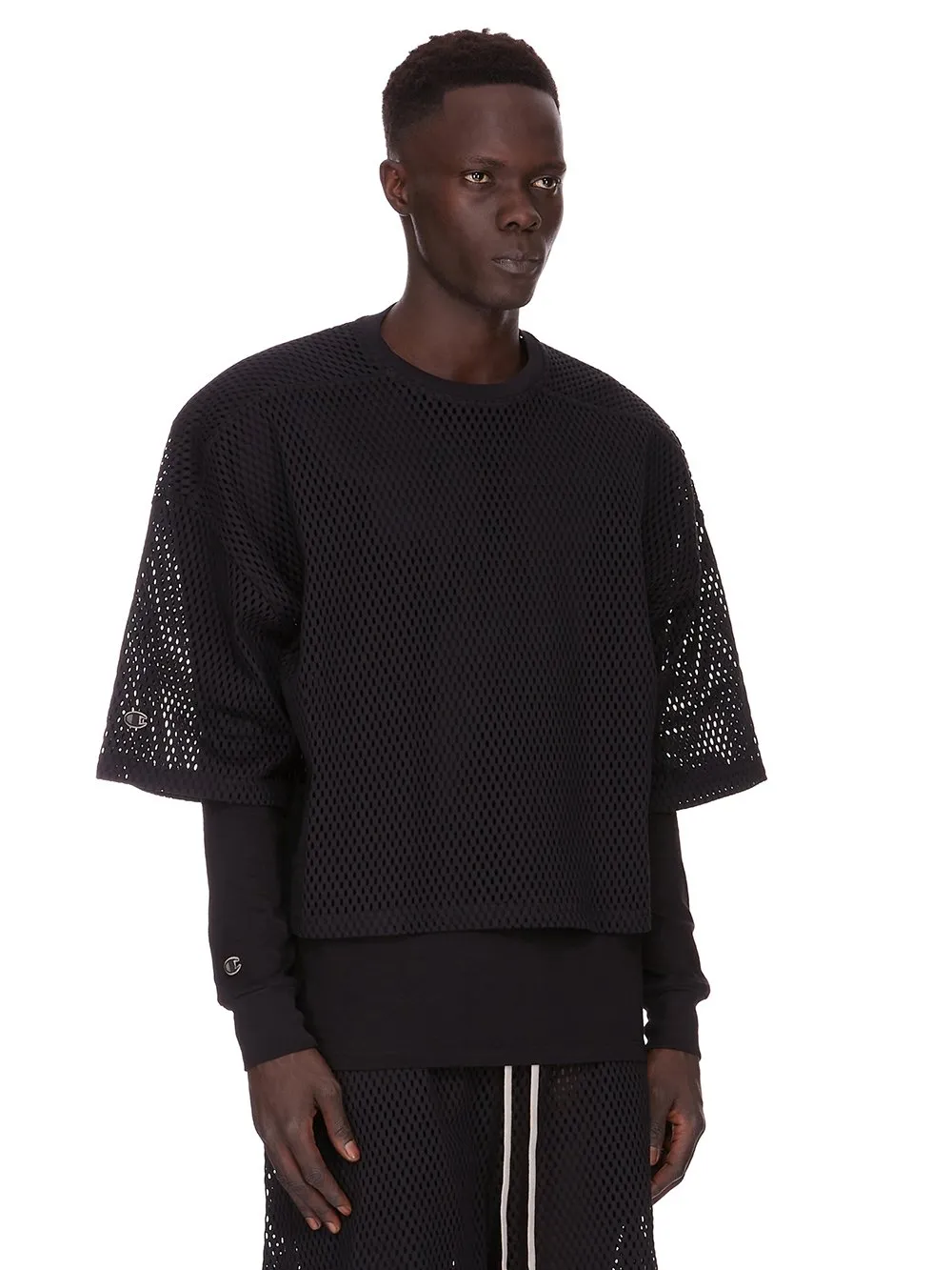 Champion X Rick Owens Tommy T Cropped In Black Open Mesh Jersey