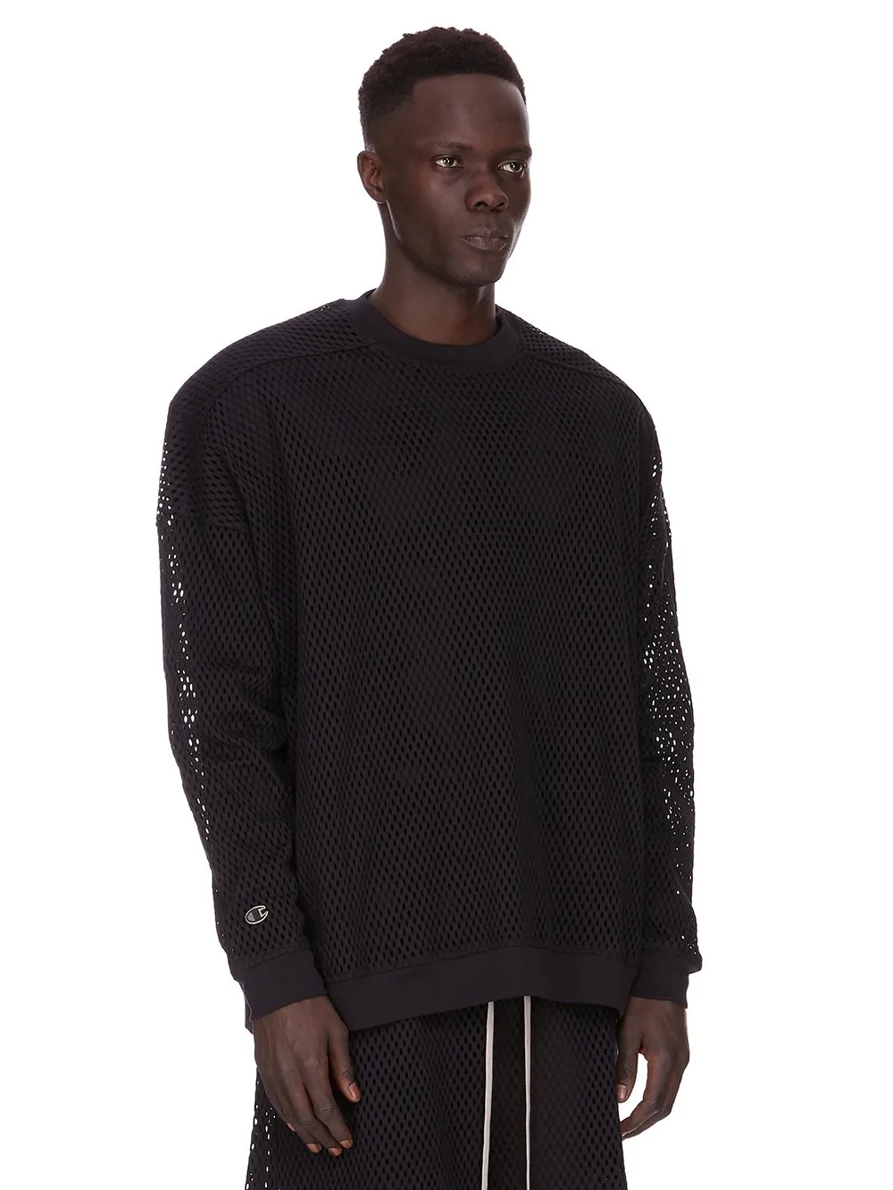 Champion X Rick Owens Jumbo Sweat In Black Open Mesh Jersey