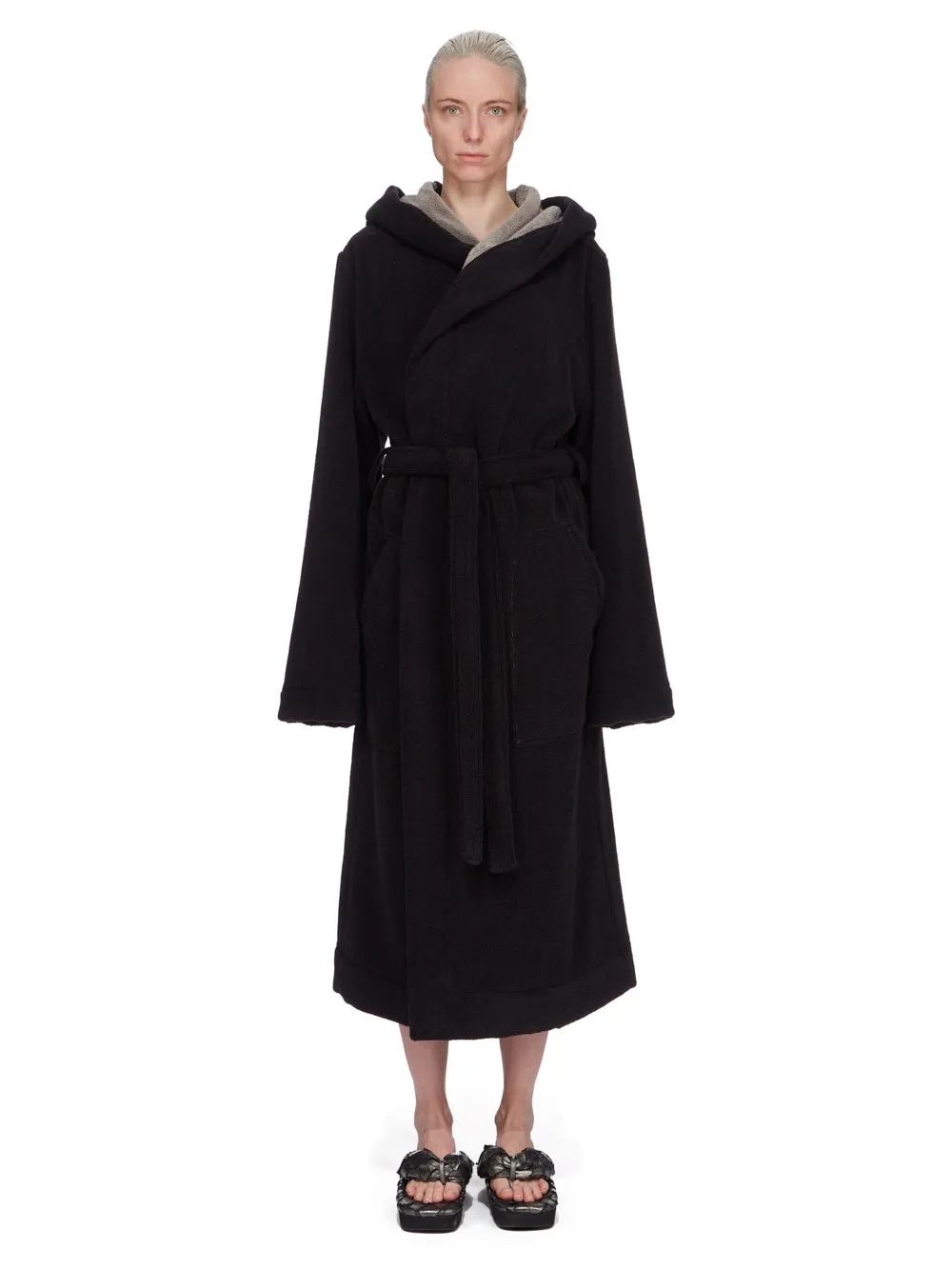 Rick Owens Beach Robe In Black/Pearl Heavy Cotton Terry
