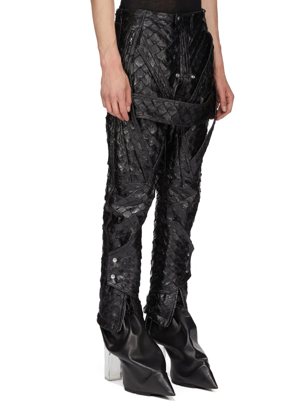 Rick Owens Temple Megastrapped Motopants In Black Glossy Pirarucu