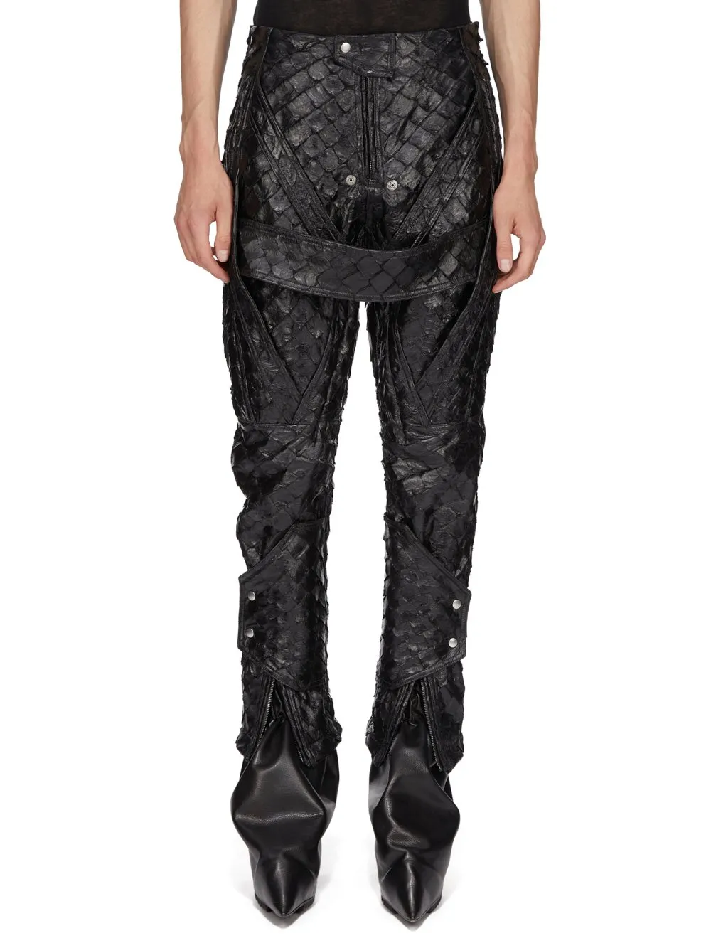 Rick Owens Temple Megastrapped Motopants In Black Glossy Pirarucu