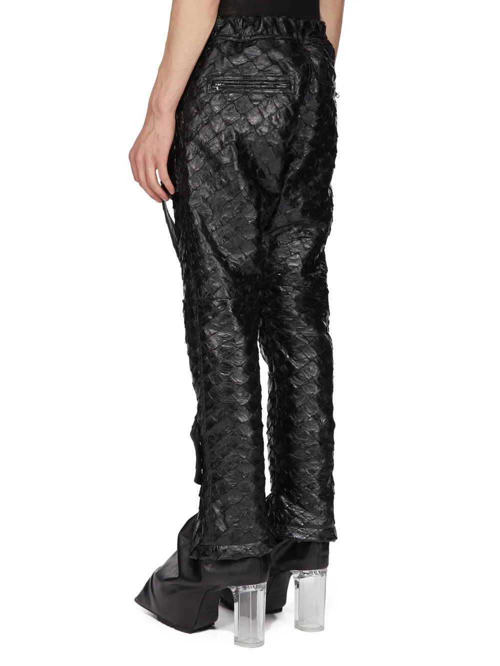 Rick Owens Temple Megastrapped Motopants In Black Glossy Pirarucu