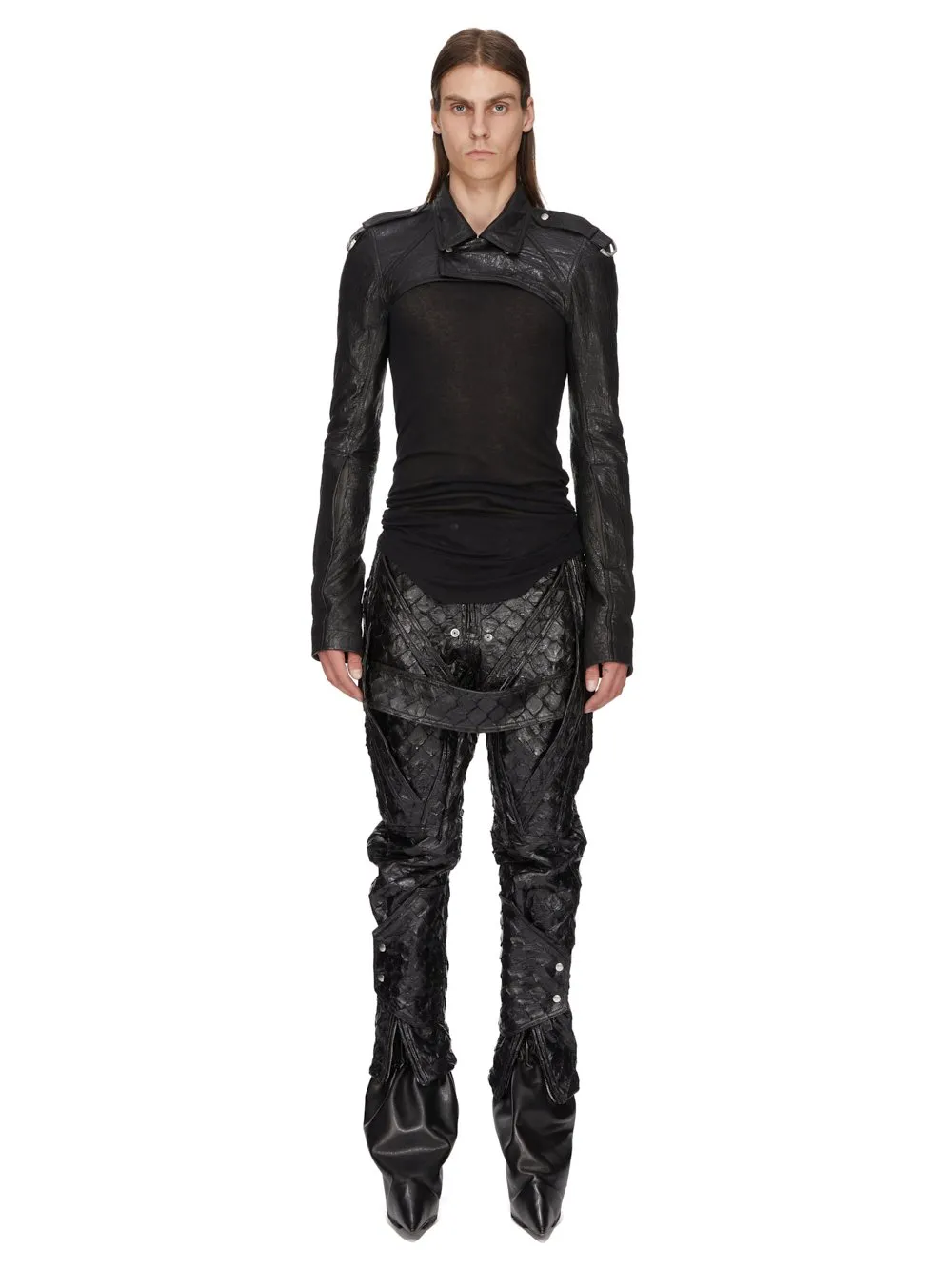 Rick Owens Temple Megastrapped Motopants In Black Glossy Pirarucu