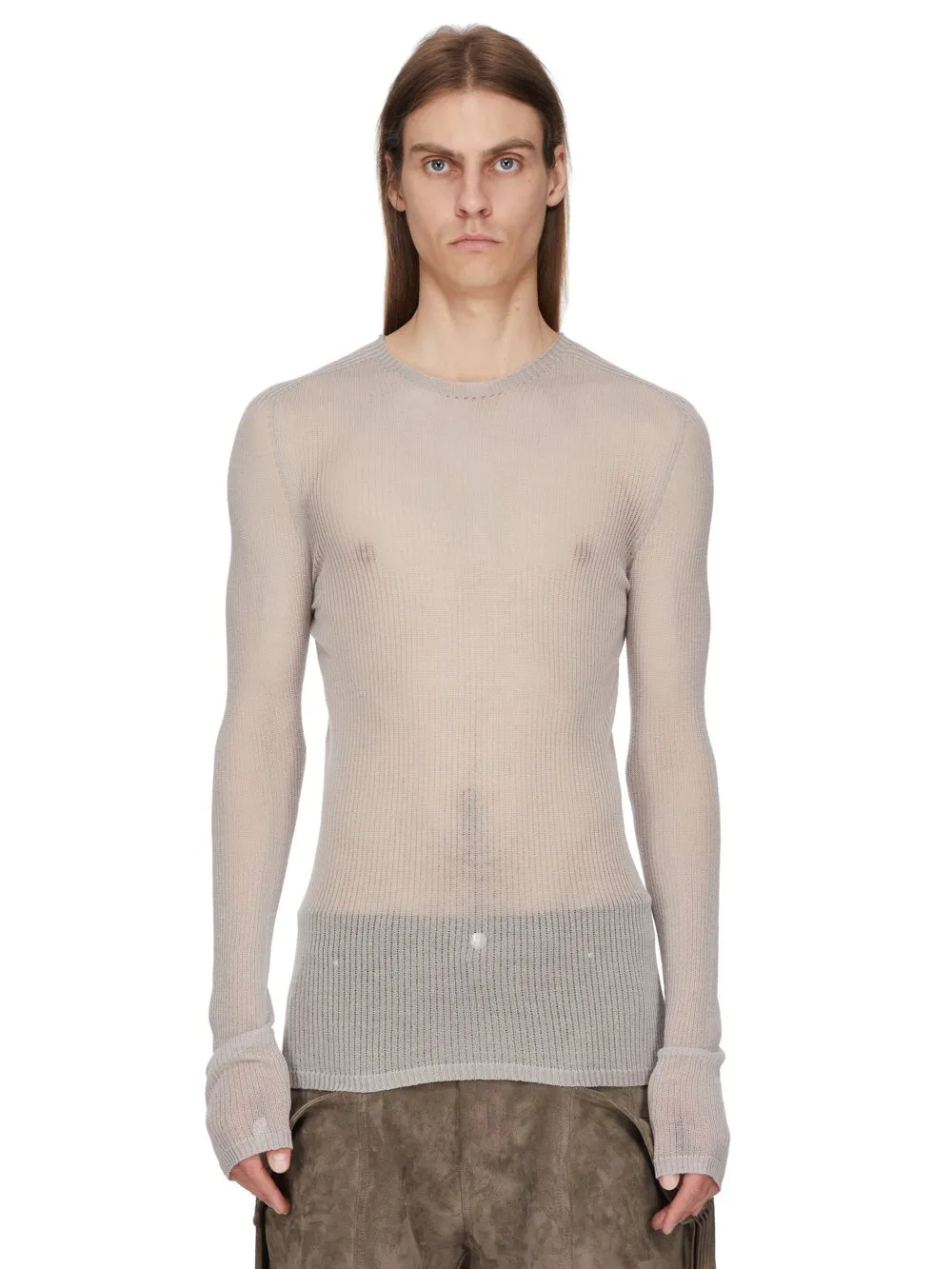 Rick Owens Temple Knit Dennis Top In Pearl Ribbed Lightweight Cashmere Knit