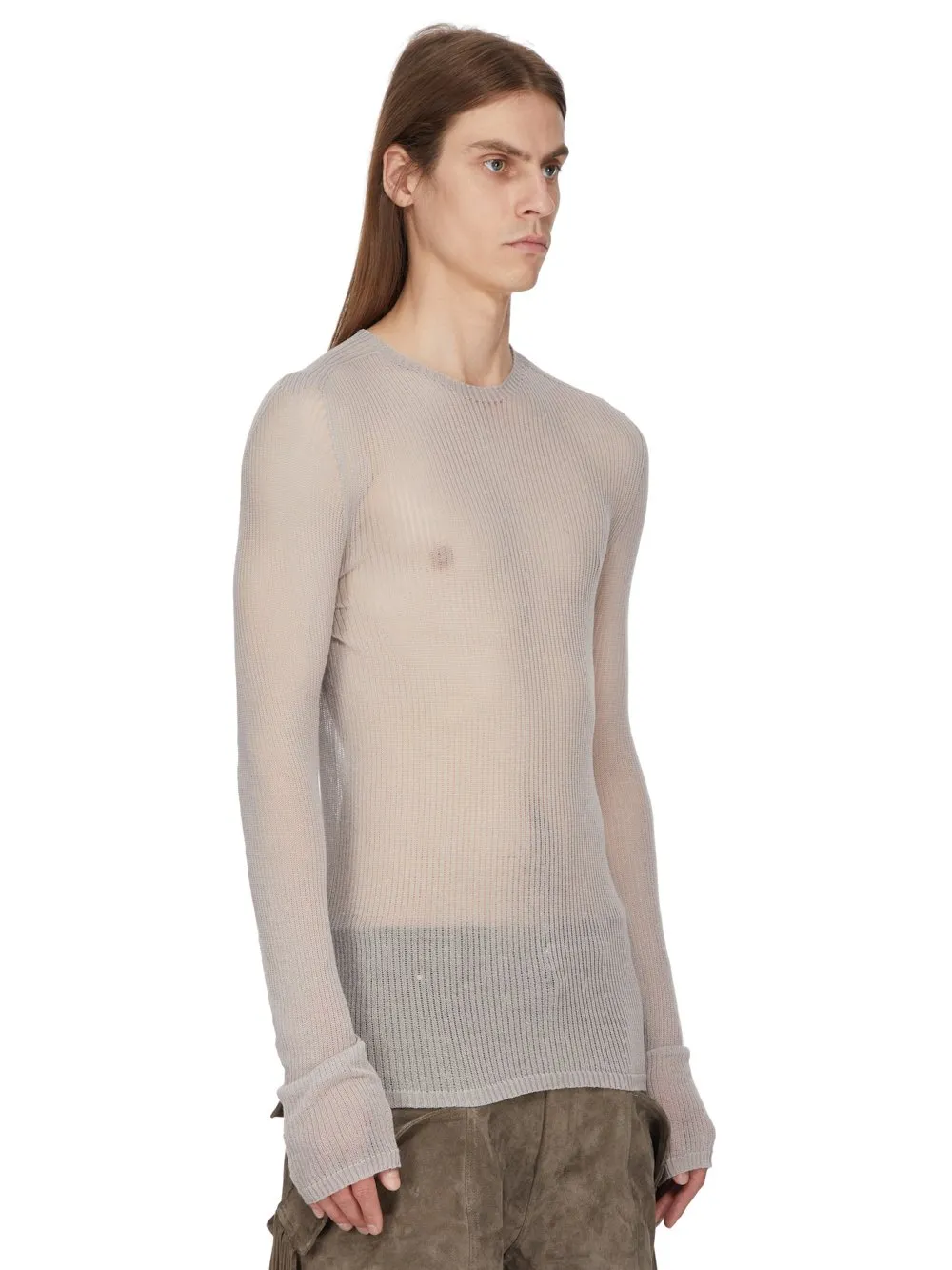 Rick Owens Temple Knit Dennis Top In Pearl Ribbed Lightweight Cashmere Knit