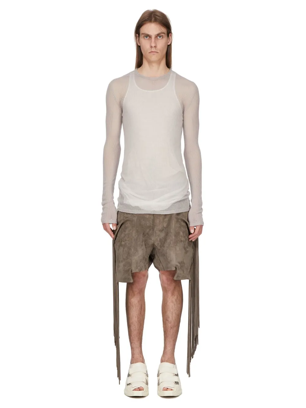 Rick Owens Temple Knit Dennis Top In Pearl Ribbed Lightweight Cashmere Knit