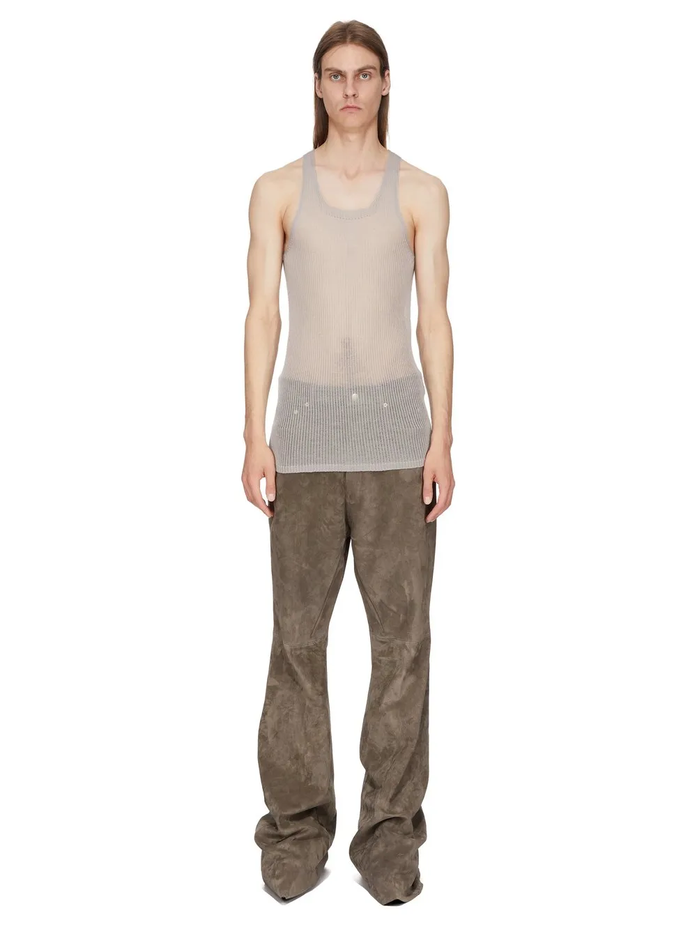 Rick Owens Temple Knit Tank In Pearl Ribbed Lightweight Cashmere Knit