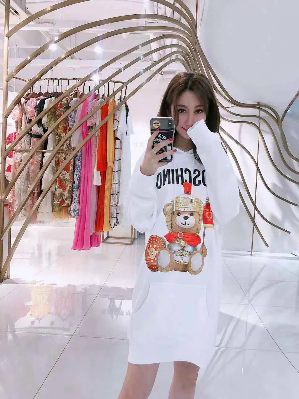 Logo Teddy Bear Printed Hooded Sweater