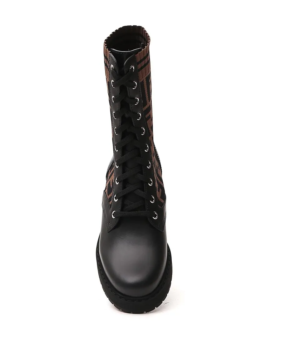 Black Leather Biker Boots With Stretch Fabric