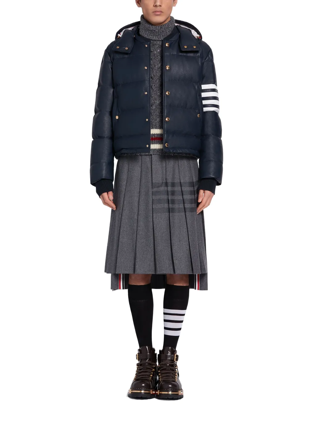 Knee-Length Pleated 4-Bar Striped Skirt