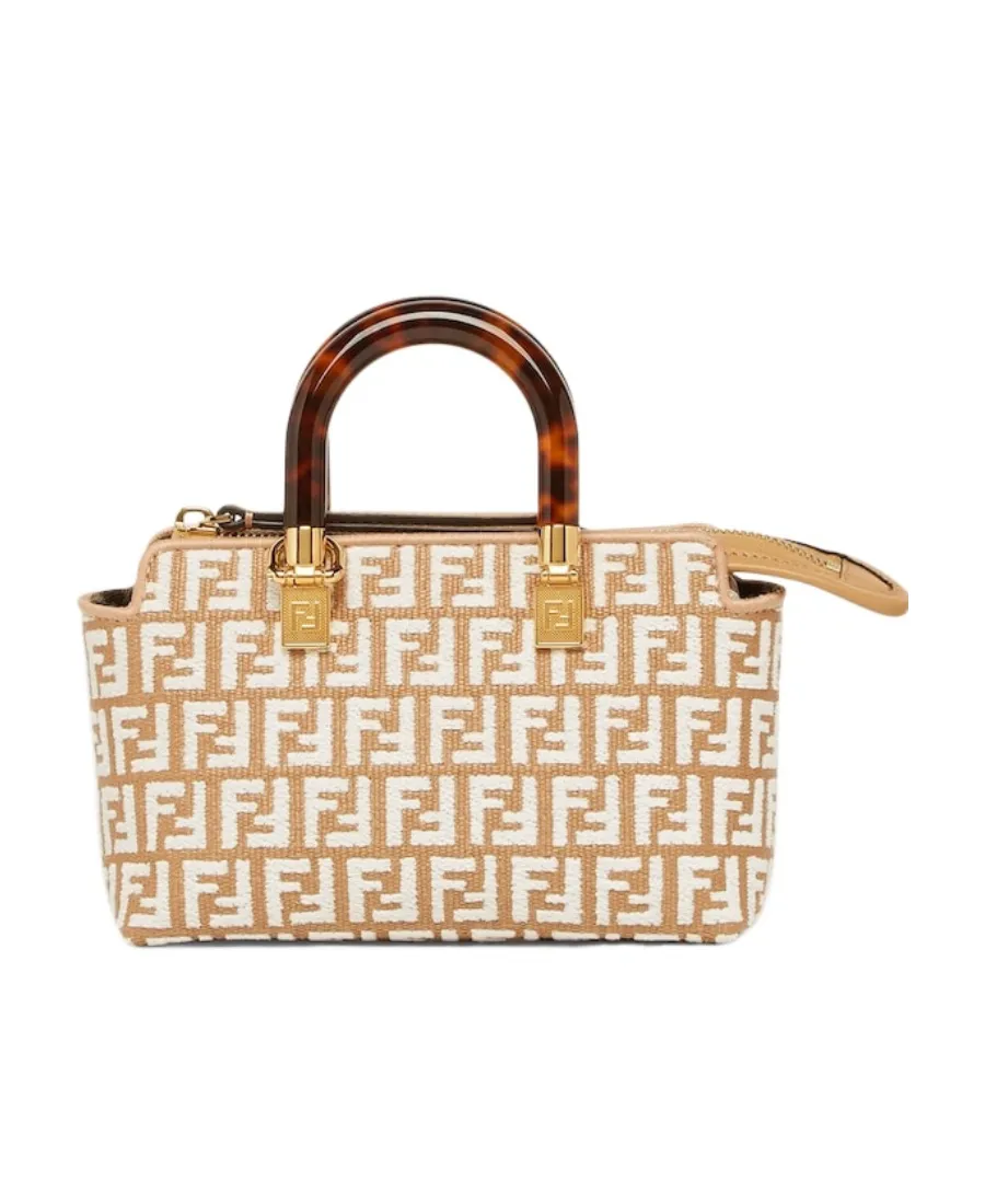Small Raffia Boston Bag With A White Tapestry Fabric Ff Motif