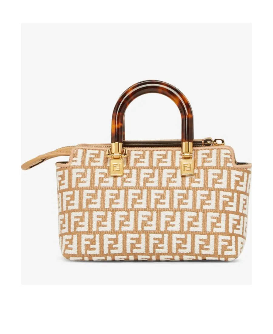 Small Raffia Boston Bag With A White Tapestry Fabric Ff Motif