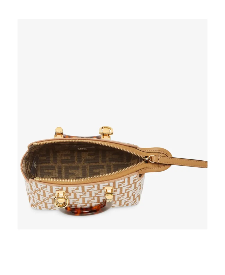 Small Raffia Boston Bag With A White Tapestry Fabric Ff Motif