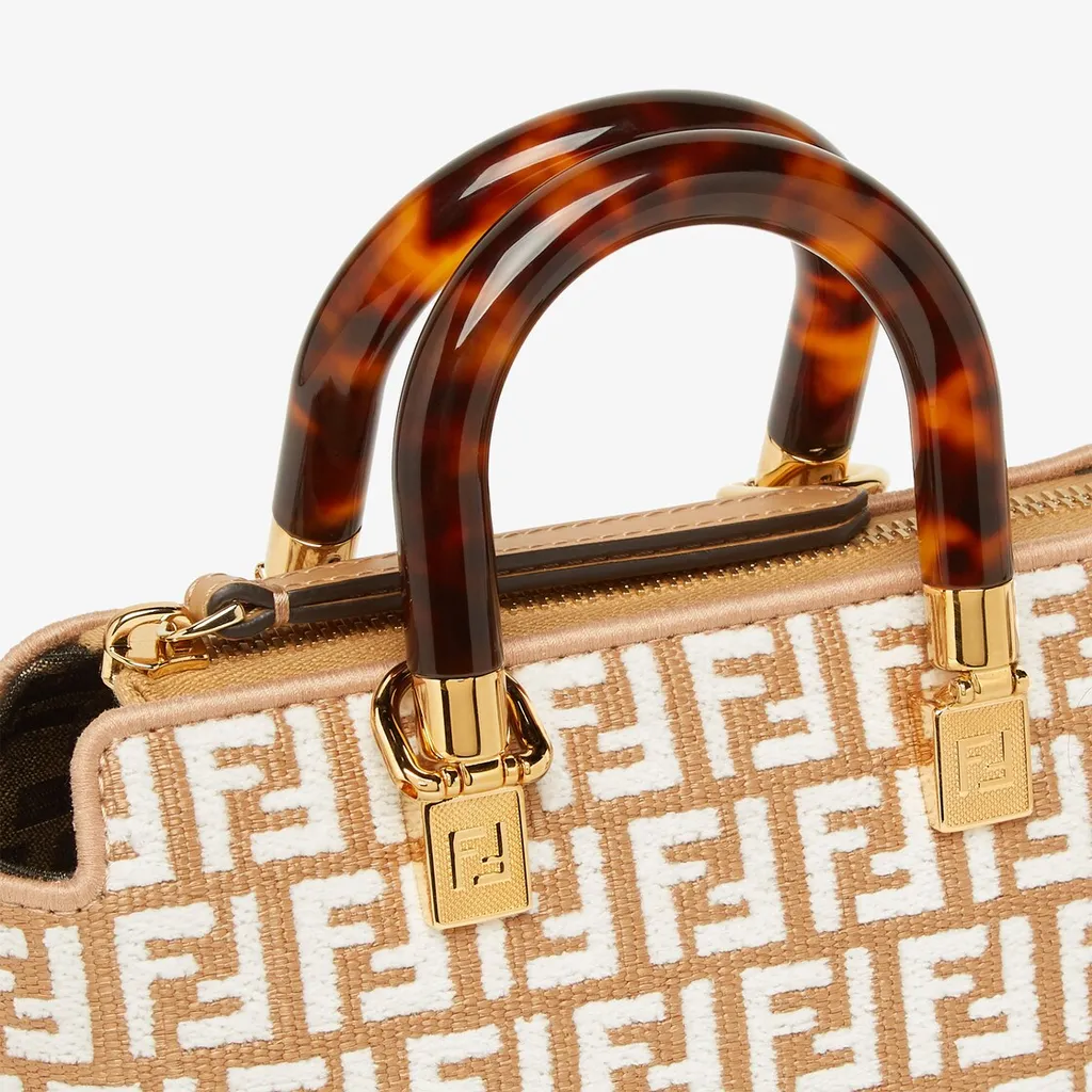Small Raffia Boston Bag With A White Tapestry Fabric Ff Motif