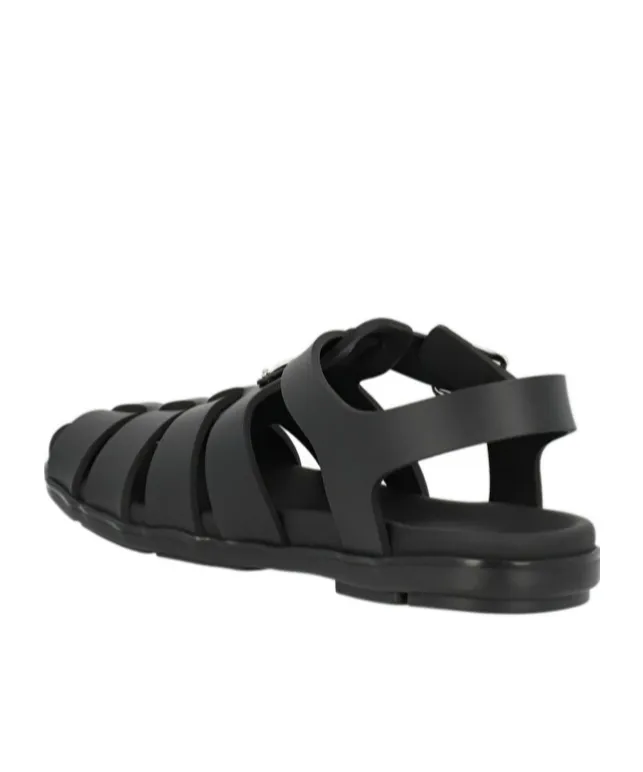 Prada Logo Plaque Round-Toe Sandals