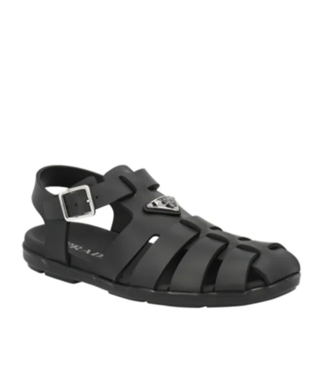 Prada Logo Plaque Round-Toe Sandals