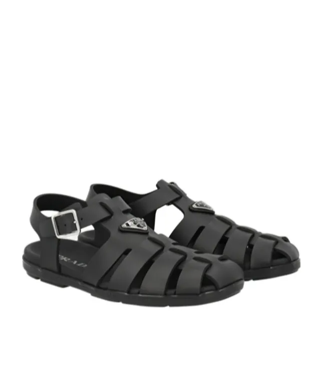 Prada Logo Plaque Round-Toe Sandals