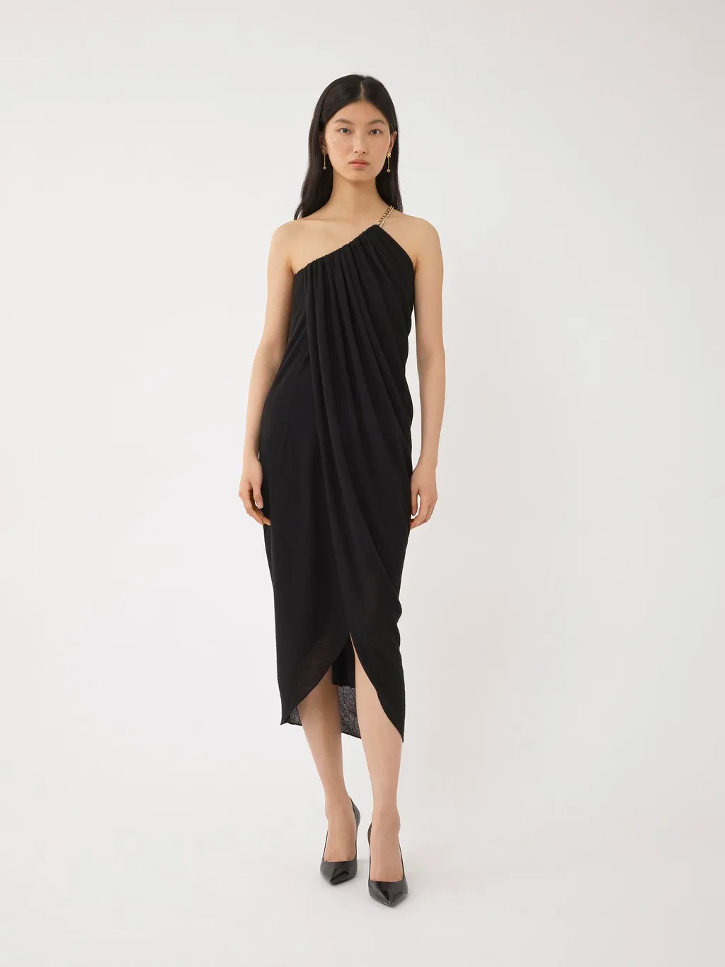 One-Shoulder Wool Midi Dress