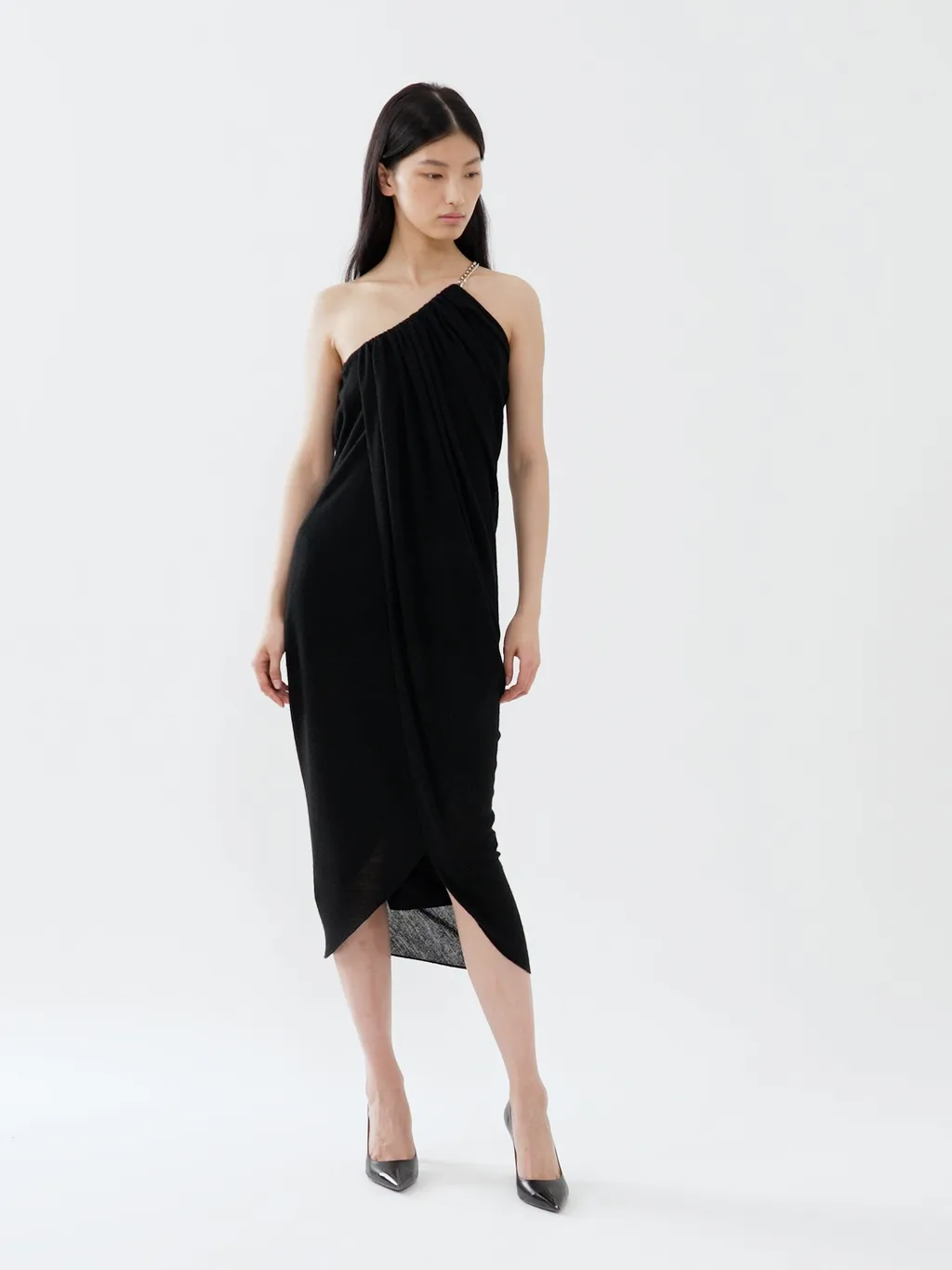 One-Shoulder Wool Midi Dress
