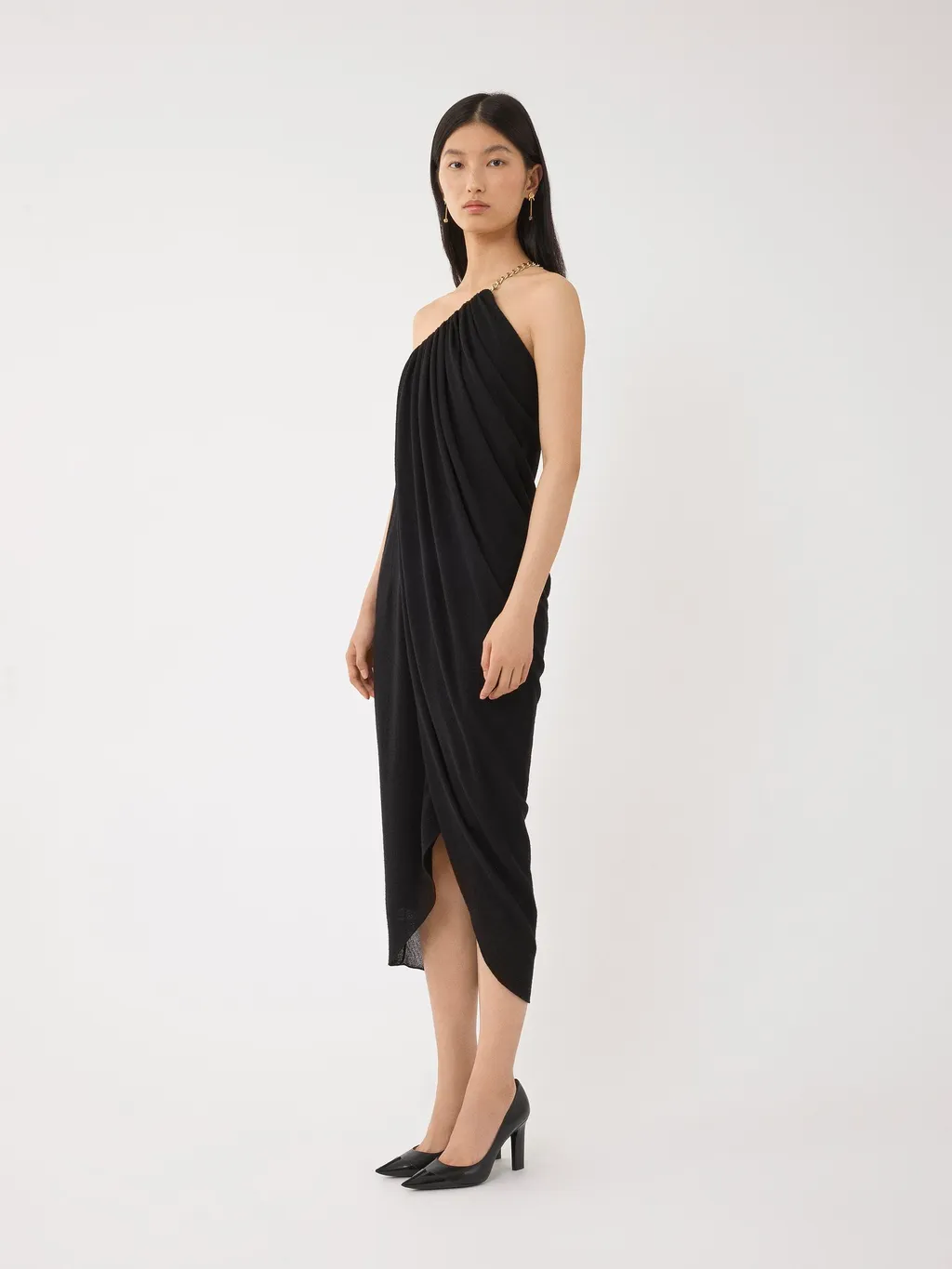 One-Shoulder Wool Midi Dress