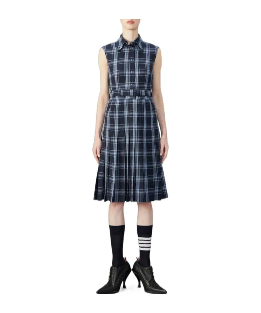 Plaid-Check Pleated Shirtdress