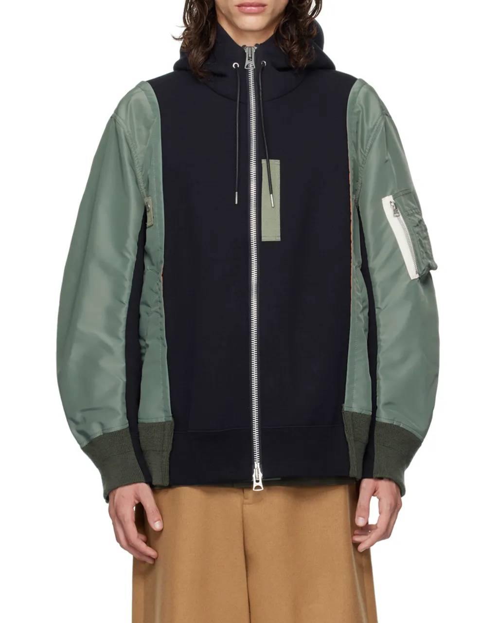 Sacai Panelled Zip-Up Drawstring Hoodie