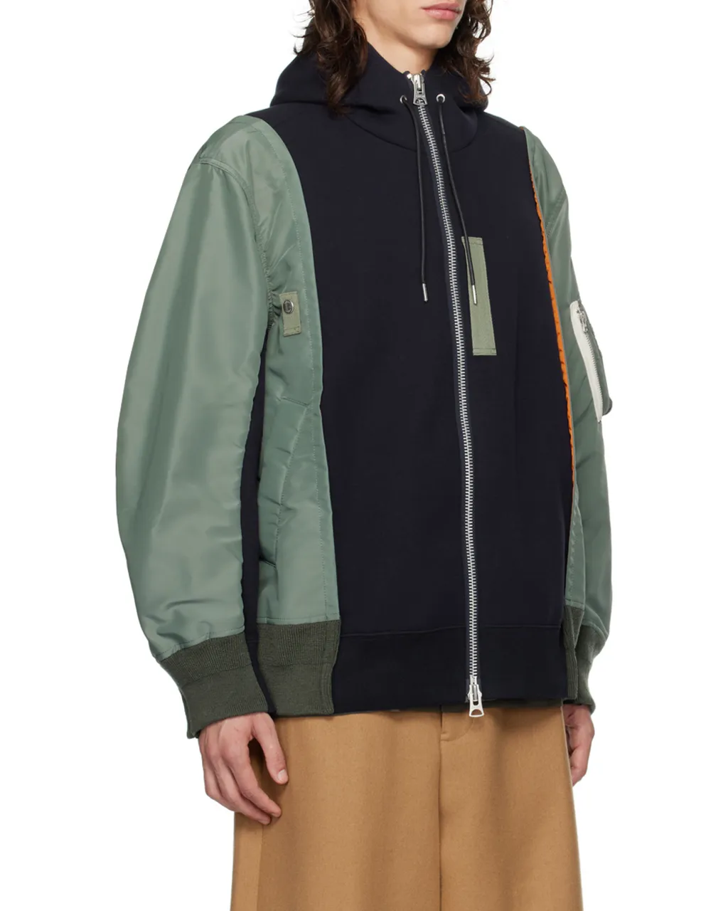 Sacai Panelled Zip-Up Drawstring Hoodie