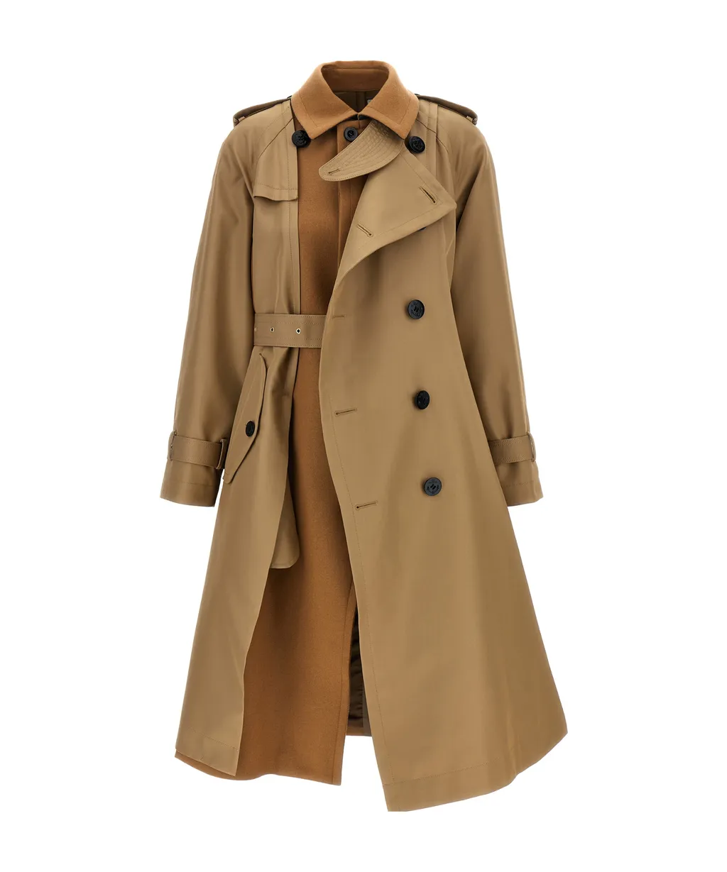 Sacai Melton Double-Breasted Belted Gabardine Trench Coat