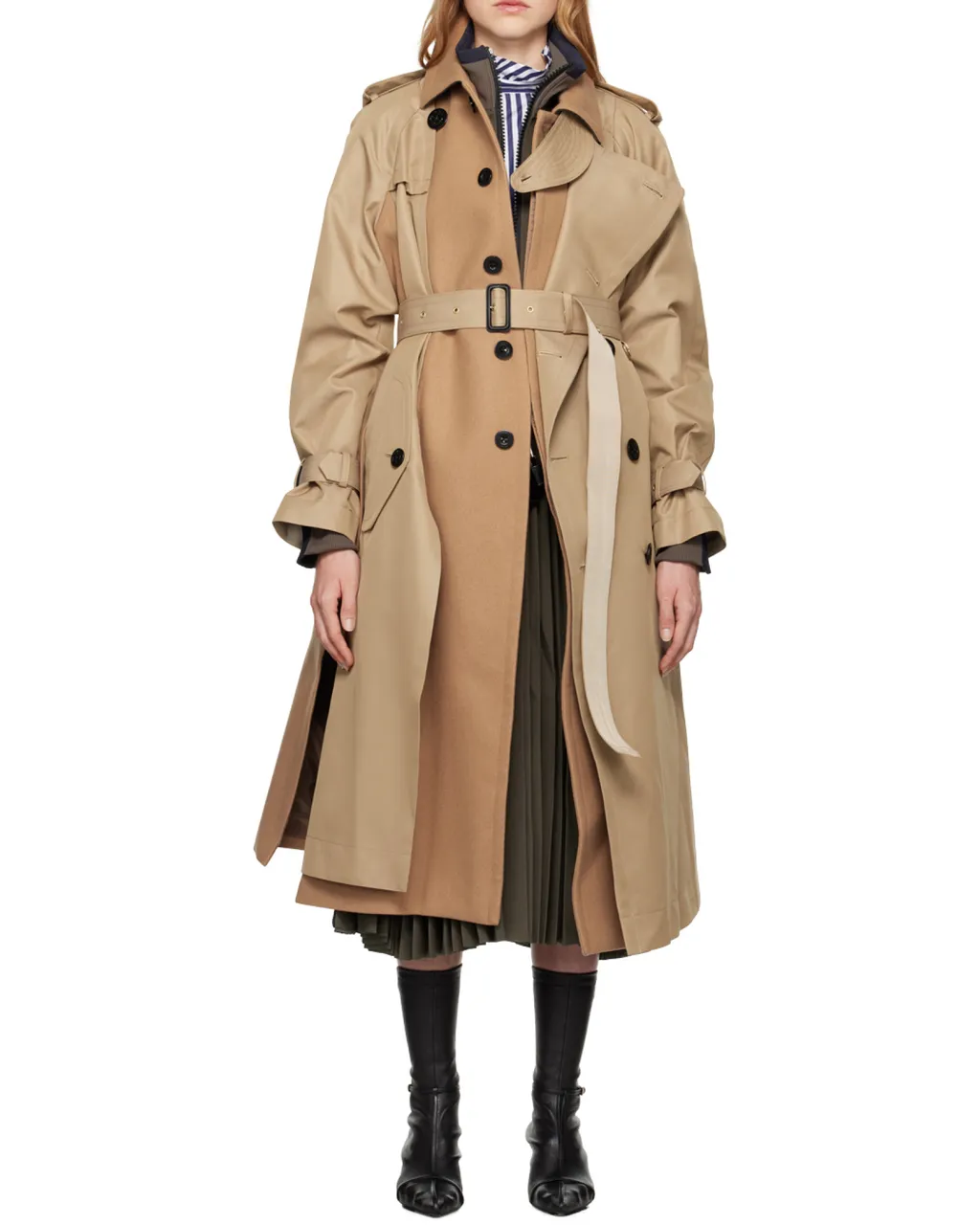 Sacai Melton Double-Breasted Belted Gabardine Trench Coat