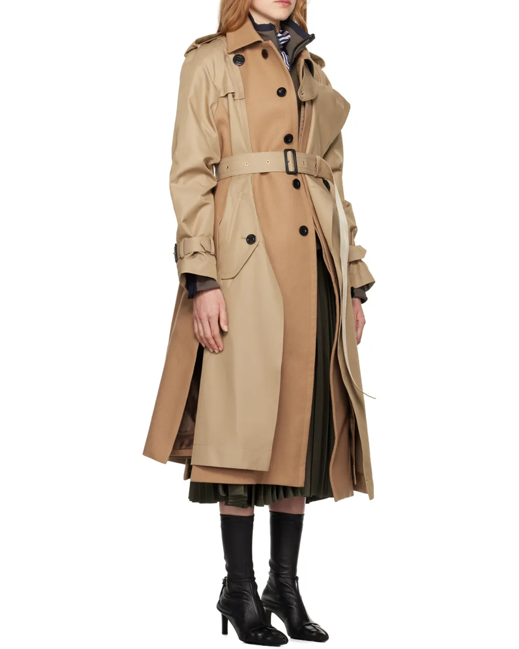 Sacai Melton Double-Breasted Belted Gabardine Trench Coat