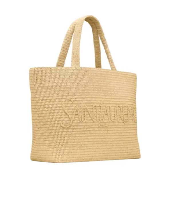 Saint Laurent Large Logo Embroidered Raffia Tote Bag