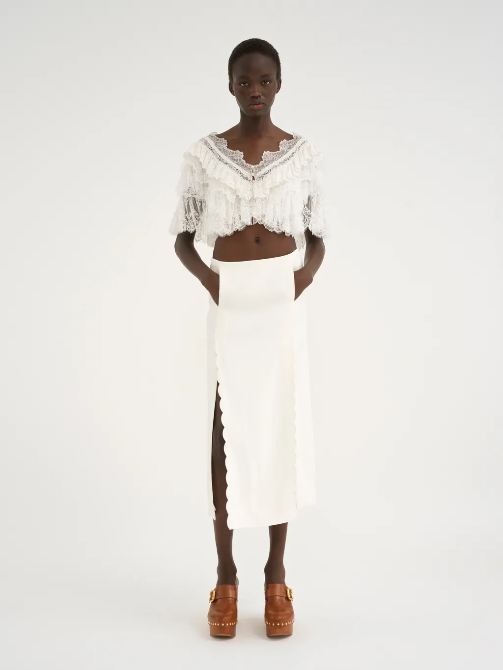Scallop Embroidered Wool Straight Skirt