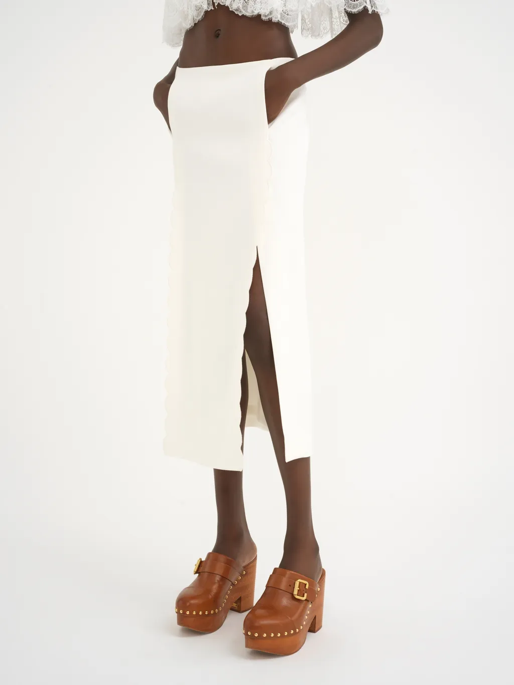 Scallop Embroidered Wool Straight Skirt