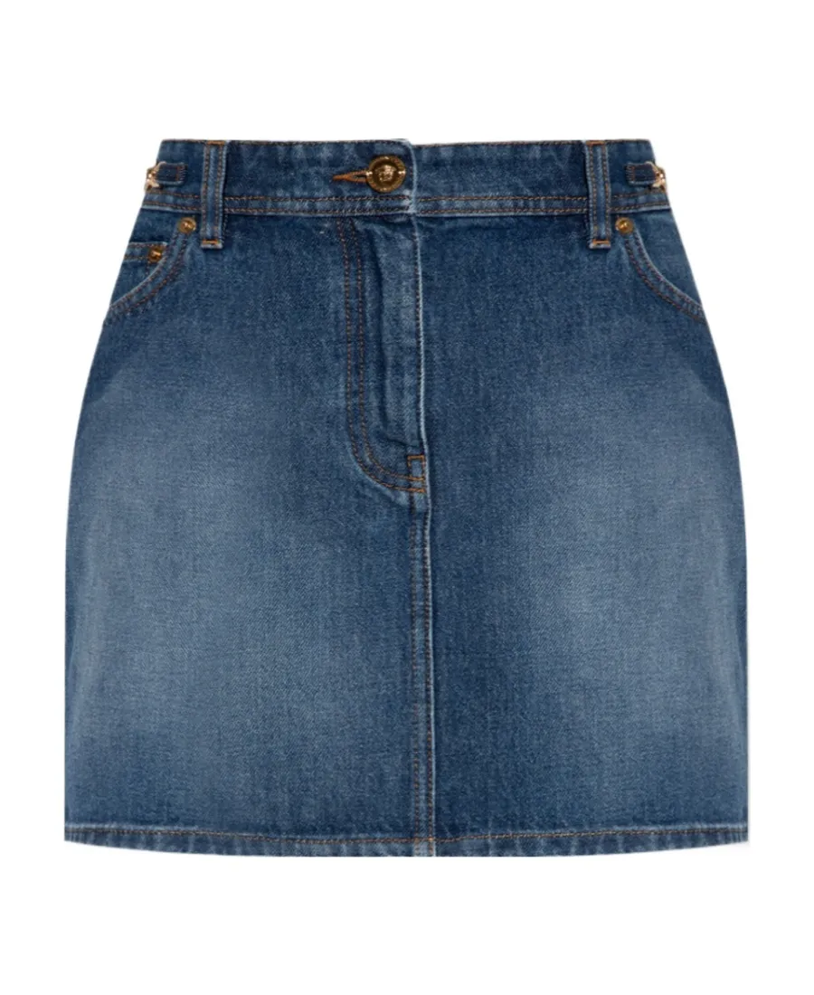 Versace Medusa Embellished Mini Denim Skirt