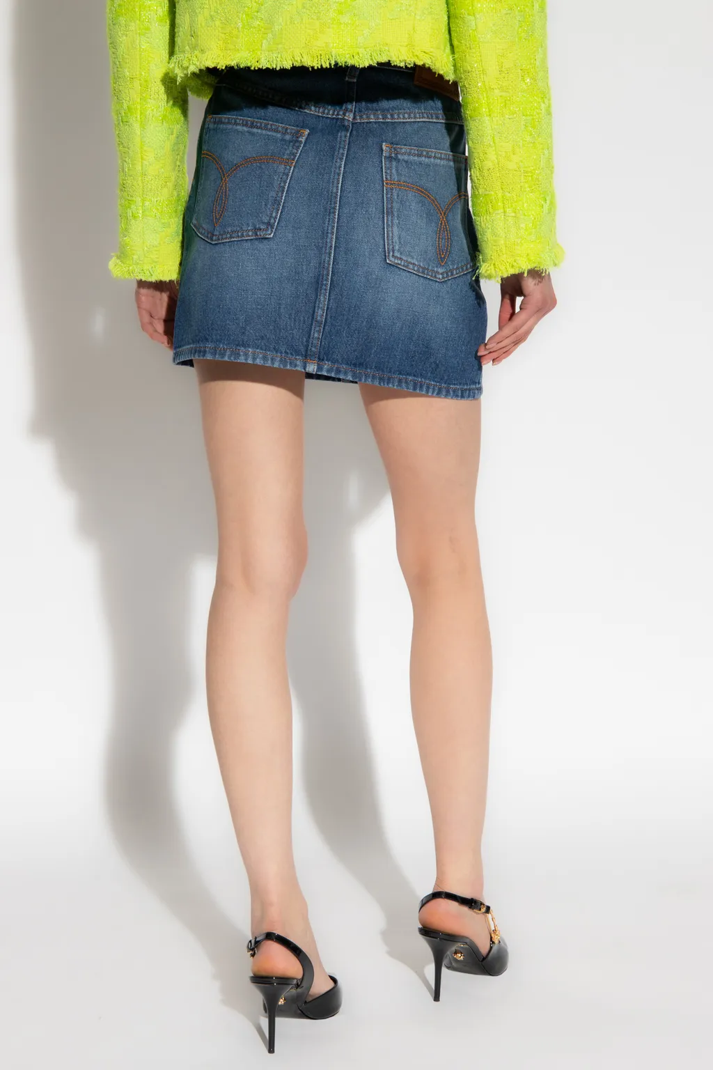 Versace Medusa Embellished Mini Denim Skirt