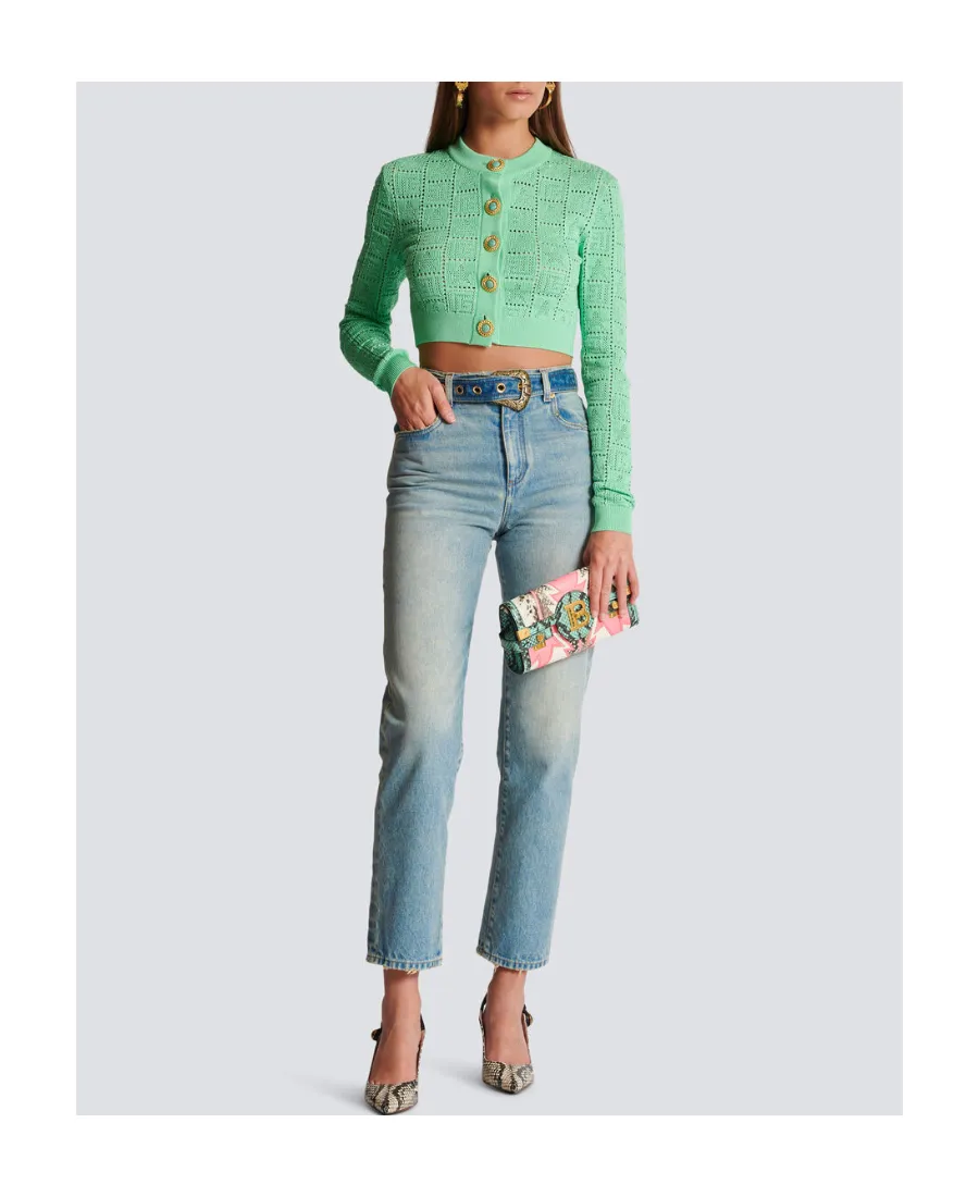 Balmain Buttonned Monogram Mesh Knit Cardigan