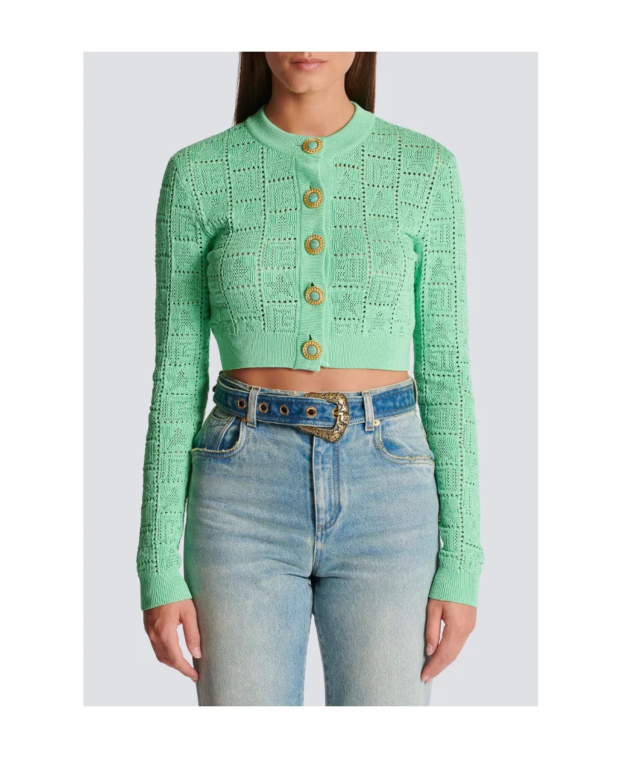 Balmain Buttonned Monogram Mesh Knit Cardigan
