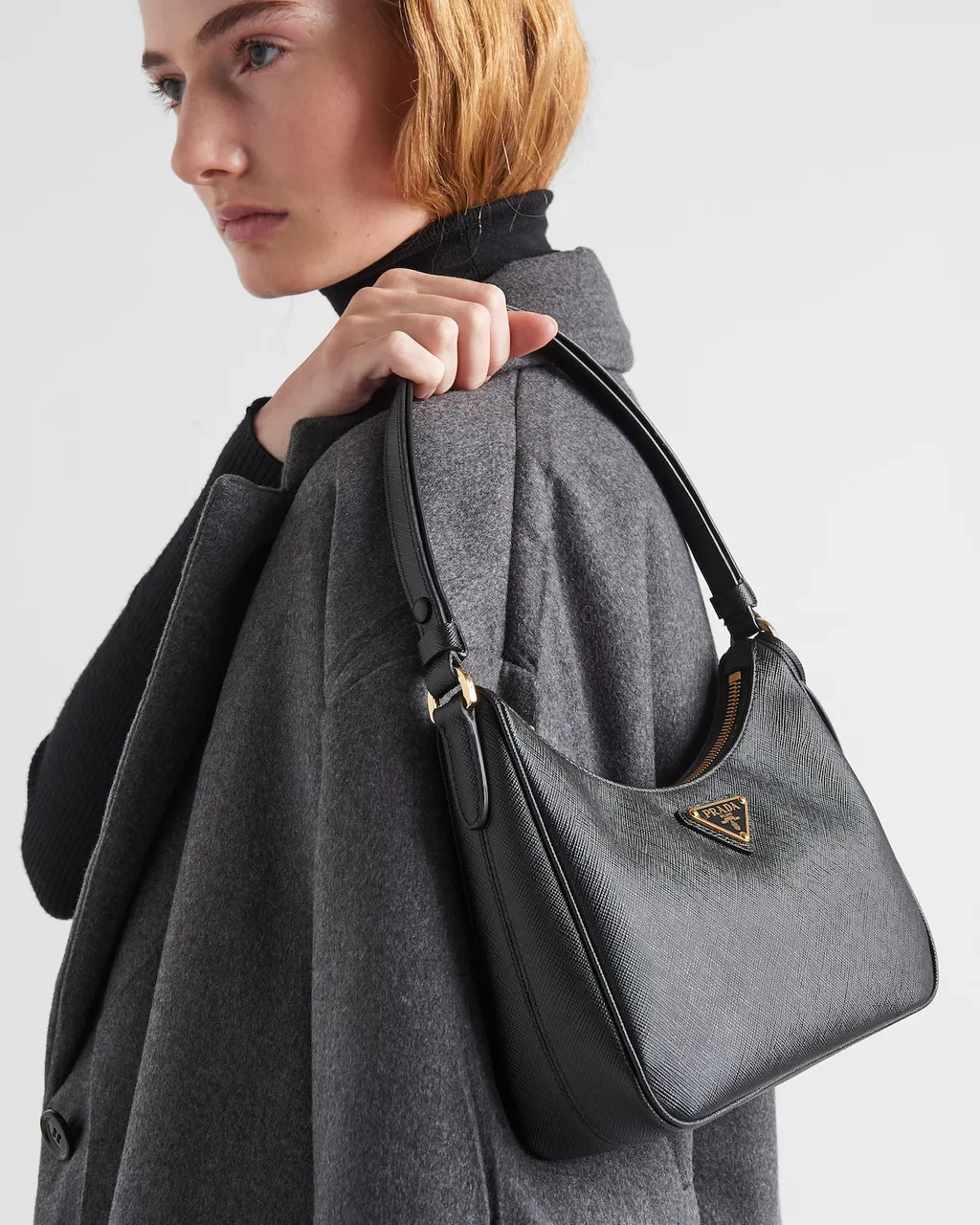 Prada Logo Plaque Zipped Shoulder Bag