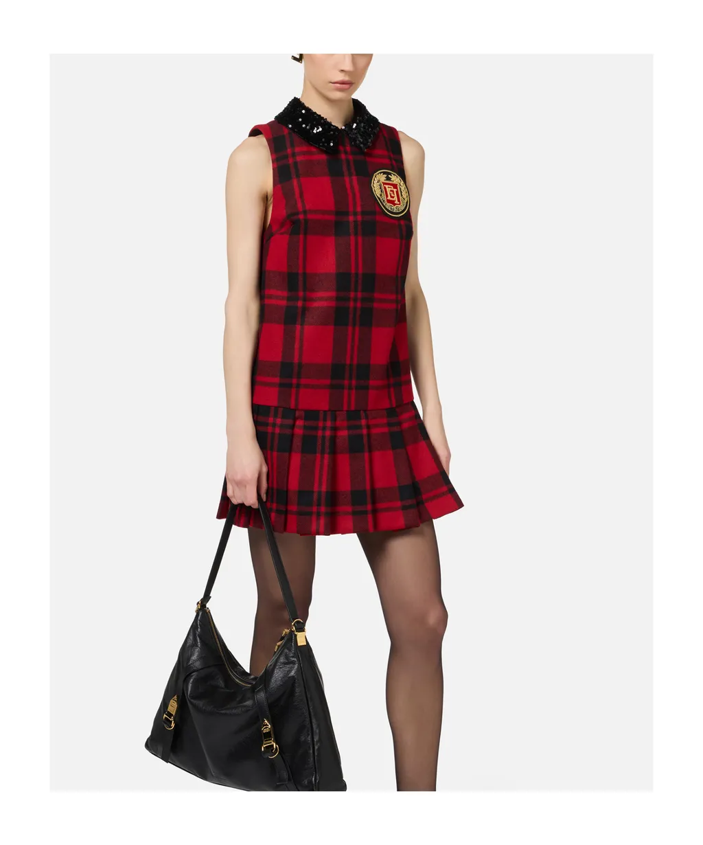 Elisabetta Franchi Embroidered Patch Tartan Mini Dress