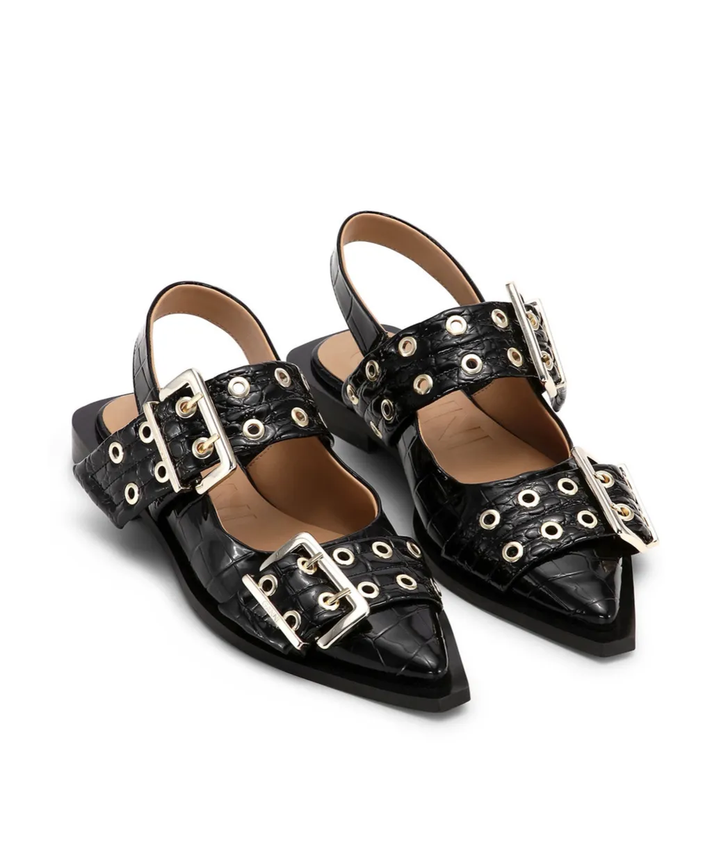 Ganni Embossed Patent Feminine Buckle Ballerinas