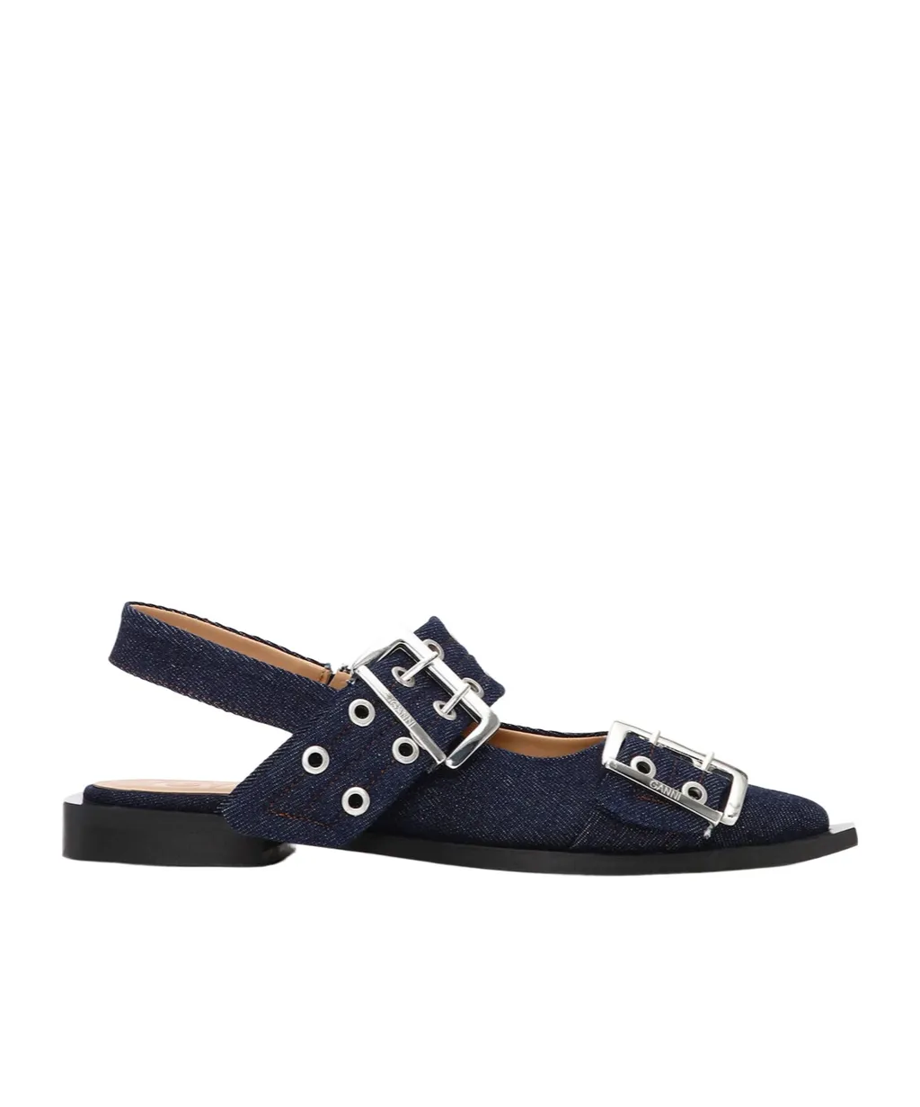 Ganni Double-Buckled Denim Ballerina Shoes