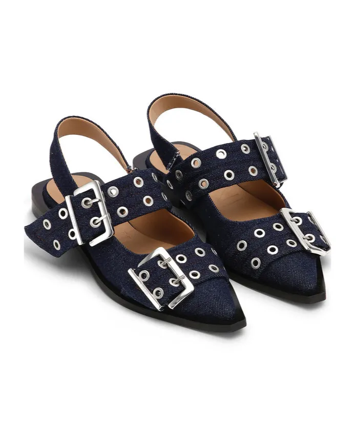 Ganni Double-Buckled Denim Ballerina Shoes