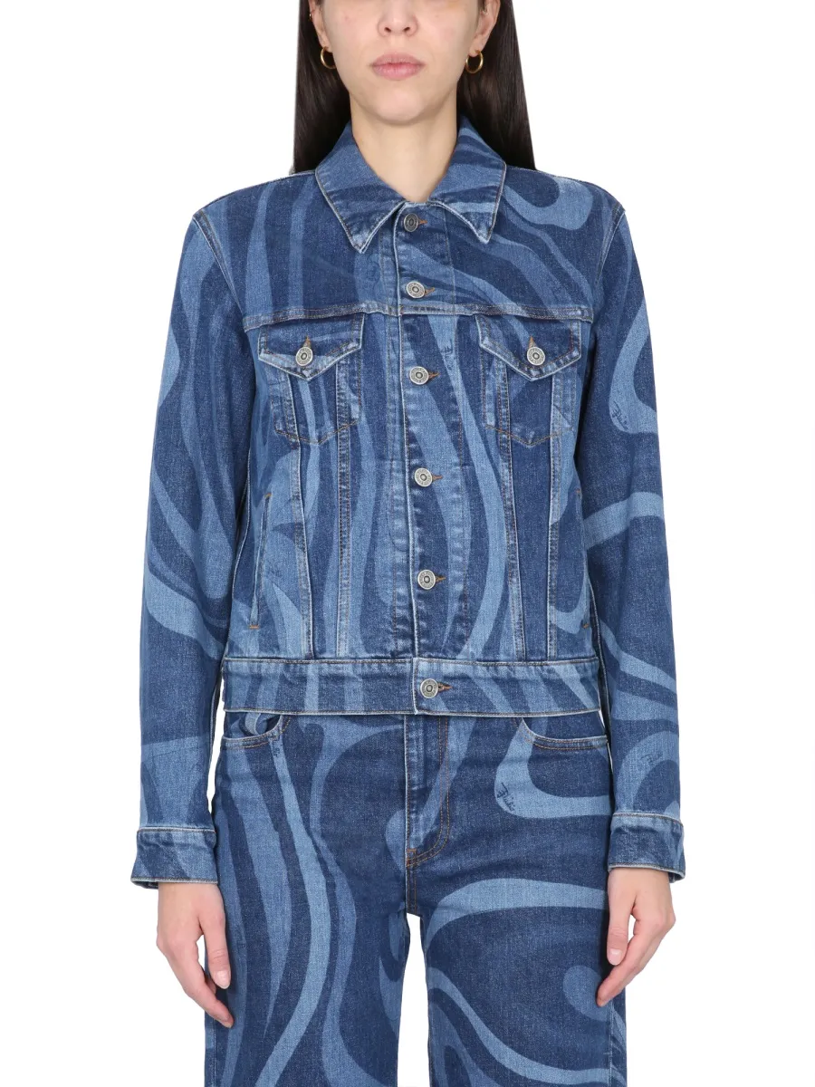 Pucci Swirl-Printed Button-Up Denim Jacket
