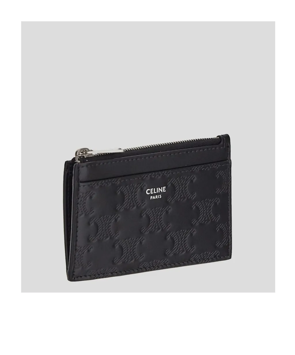 Zipped Card Holder In Calfskin With Triomphe Embossed