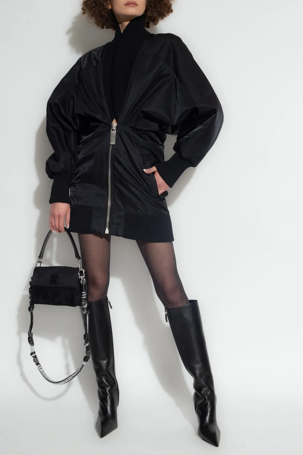 Off-White Ruched Puff-Sleeved Dress