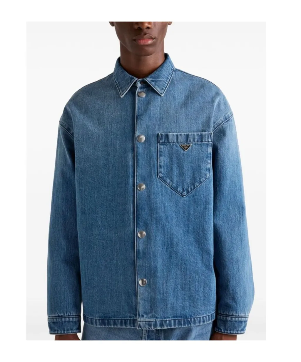 Prada Buttoned Logo Plaque Denim Shirt