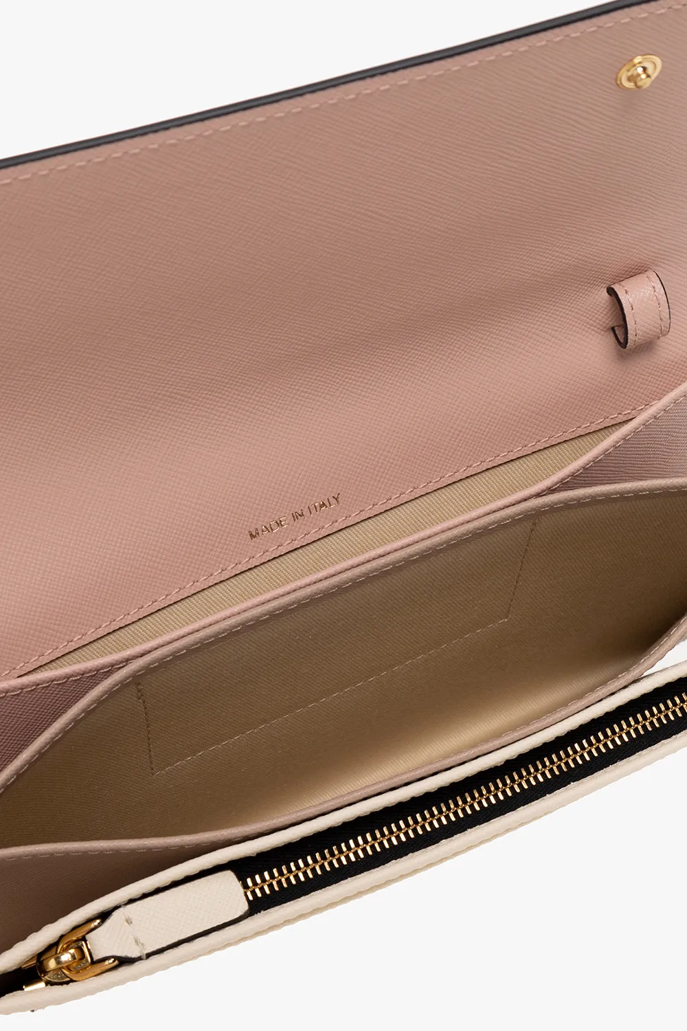 Trunk Clutch In Pink White And Beige Saffiano Leather