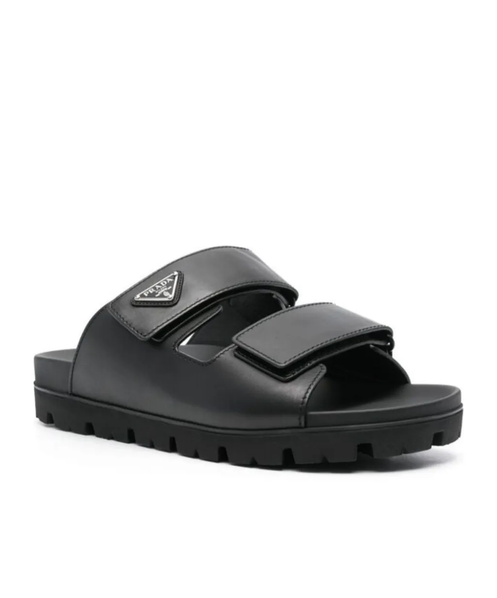 Prada Enamel-Triangle Slip-On Sandals